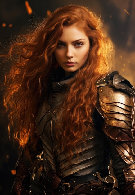 a woman in armor with long red hair