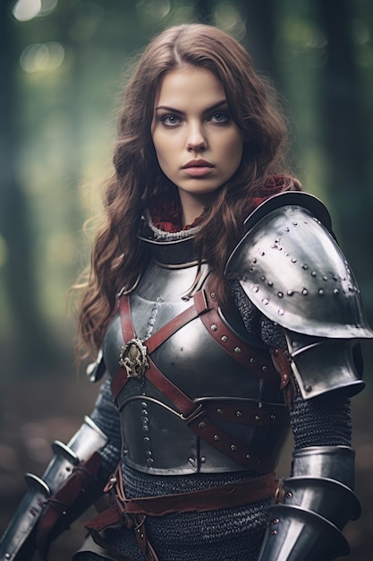 a woman in armor with red and black straps