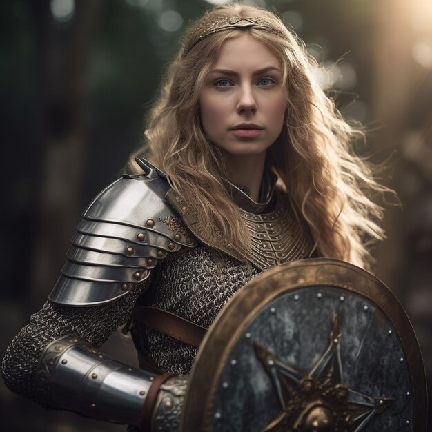 Photo a woman in a armor with a shield on her head and a shield with a shield on it