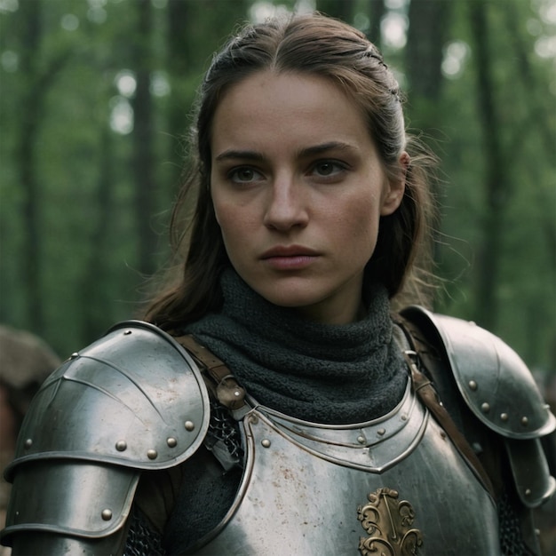 Photo a woman in a armor with a silver crown and a black scarf