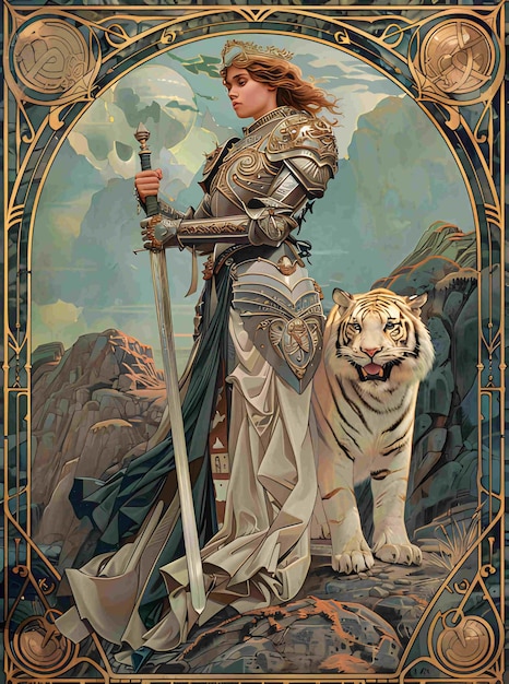 a woman in a armor with a sword and a tiger