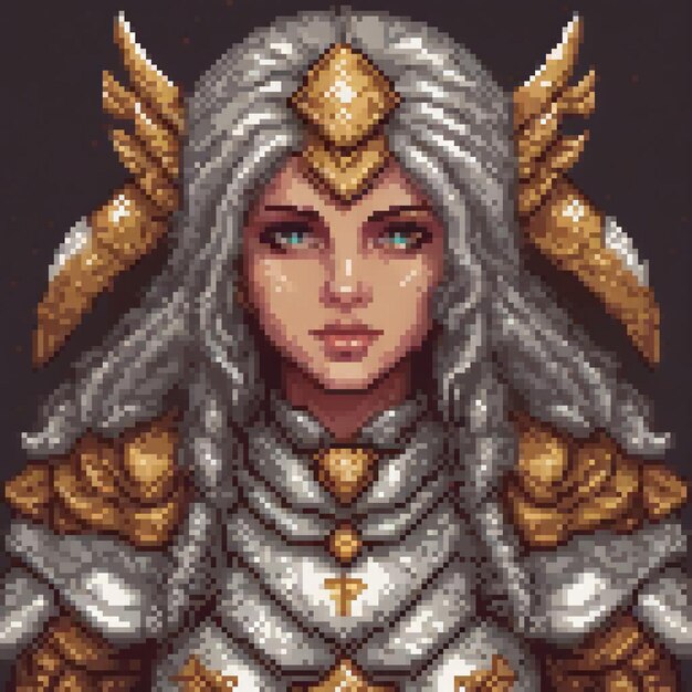 Woman in armor with wings and crown pixel art style