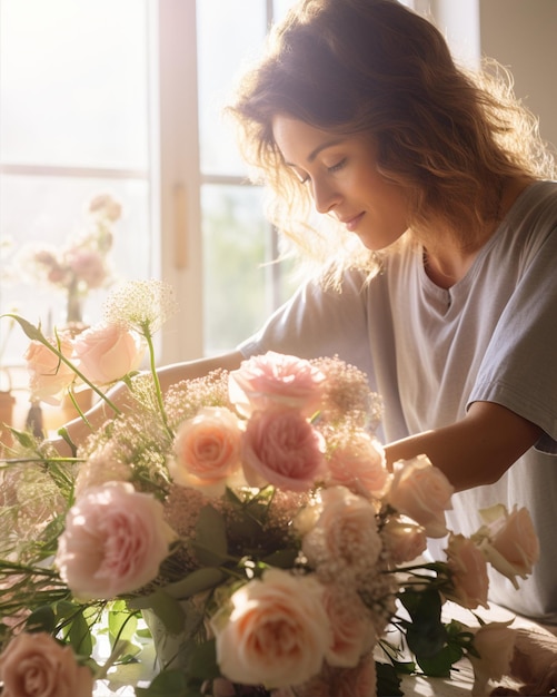 Woman Arranging Bouquet Roses