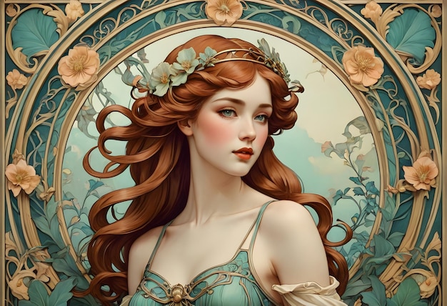 A Woman in Art Nouveau Style with a Floral Crown