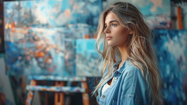 Woman Artist Drawing On The Canvas In An Art Studio Profile Portrait Focused And Creative