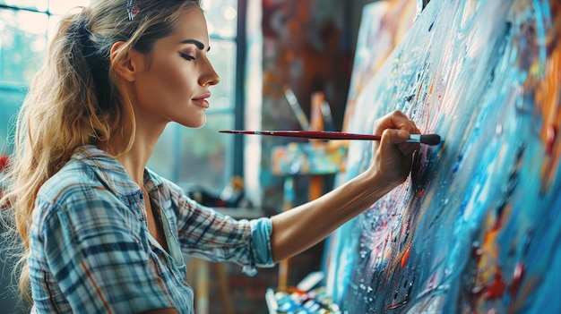 Photo woman artistically painting on a canvas in a bright studio