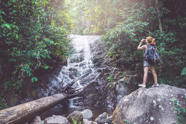 woman asia travelers travel nature Forests, mountains, waterfalls