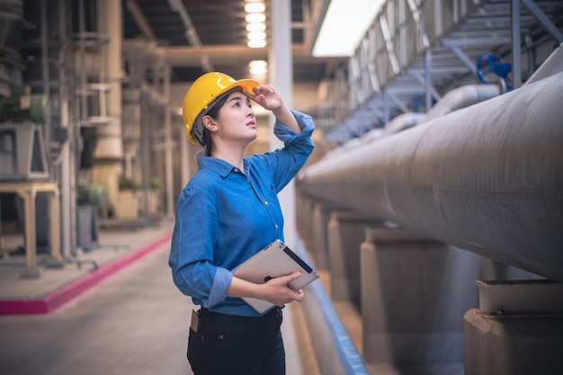 Woman Asian engineer working control machine in factory Asia women Worker control machine with manufacturing of industry