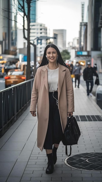 Woman asian and walk on sidewalk travel or commute to work with professional in city with earphones