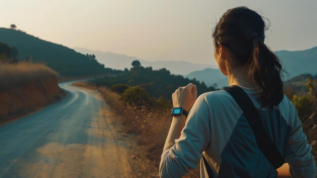 Photo a woman in athletic attire takes a moment to check her smartwatch while running down a scenic winding road in the early morning