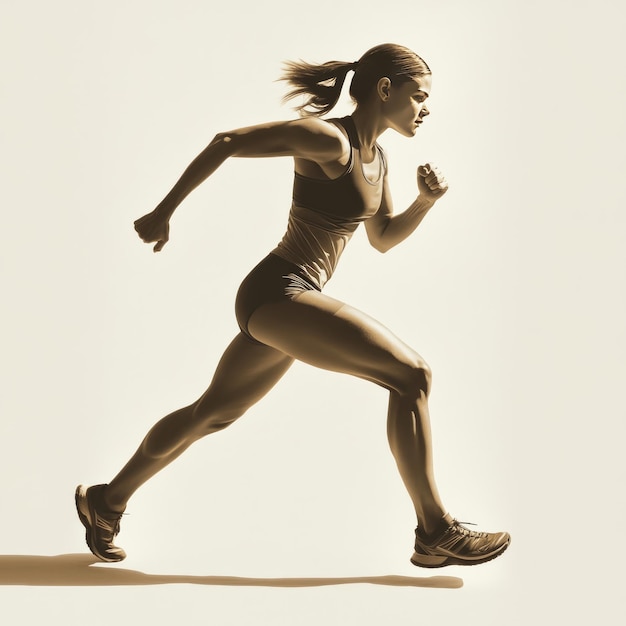 A woman in athletic wear runs with determination her muscles straining as she pushes forward