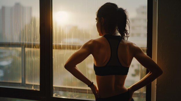 Photo a woman in athletic wear stands with hands on hips looking out a window as the sun rises over an urban landscape