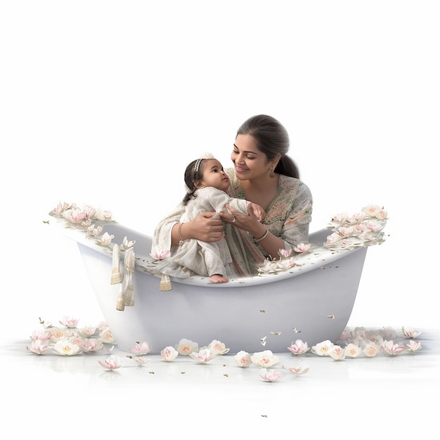 A woman and a baby are in a bathtub with roses on the side.