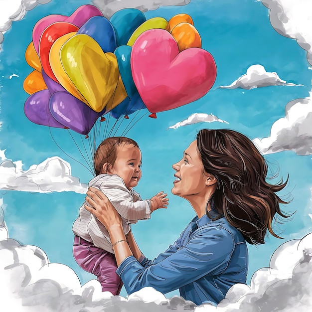 A woman and a baby are in the clouds with balloons in the sky