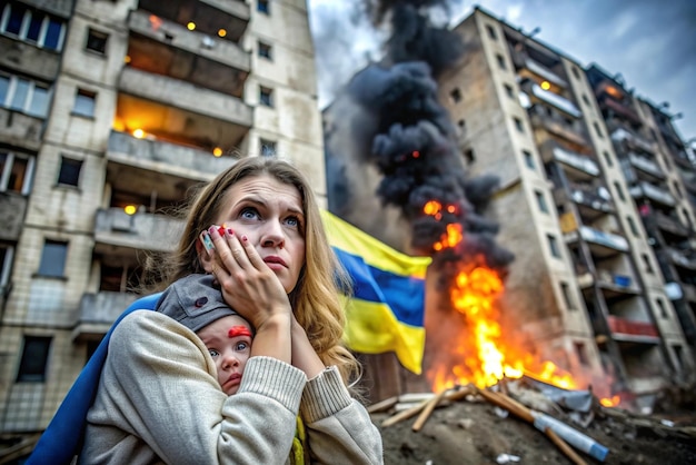 Photo a woman and a baby are in front of a building with a flag that says  fire