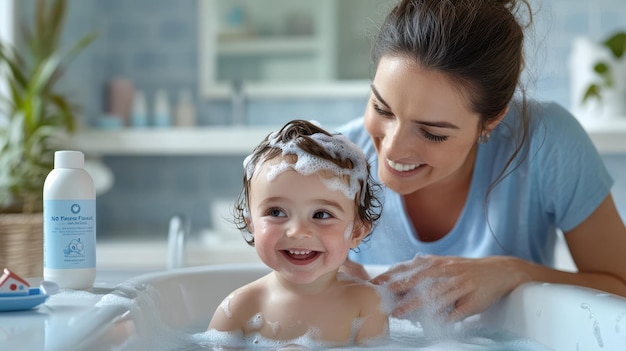 a woman and a baby are having a bath in a bathtub