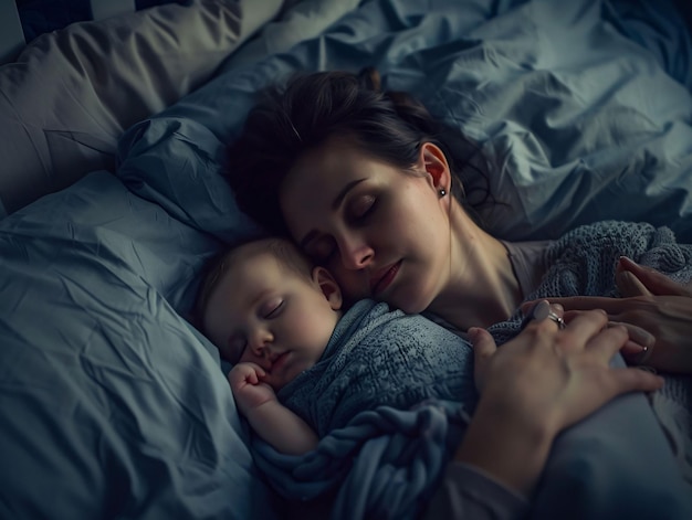 a woman and baby are laying in a bed with a blanket that says quot baby quot