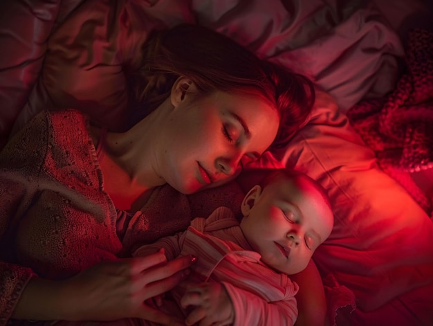 a woman and baby are laying in bed with a red light