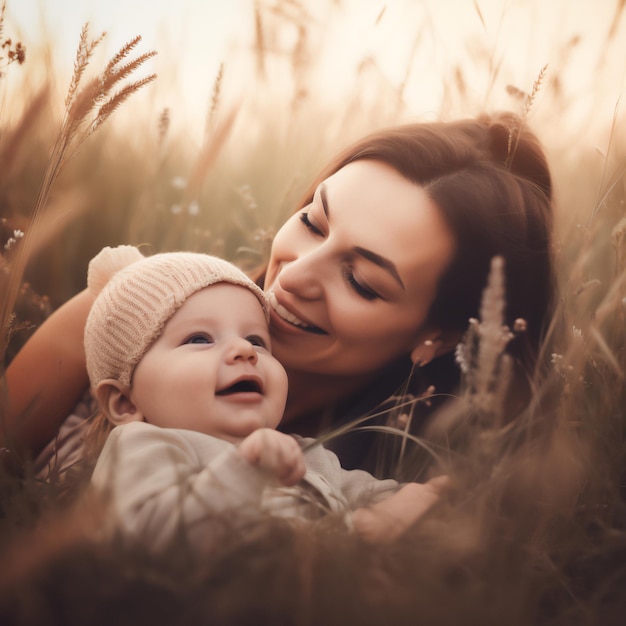 A woman and a baby are lying in a field of flowers