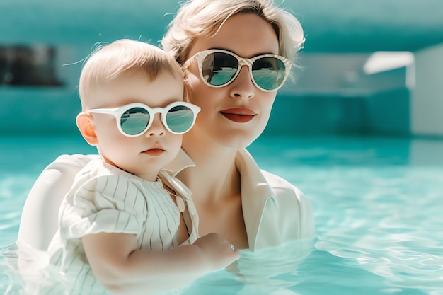 A woman and a baby wearing sunglasses in a pool