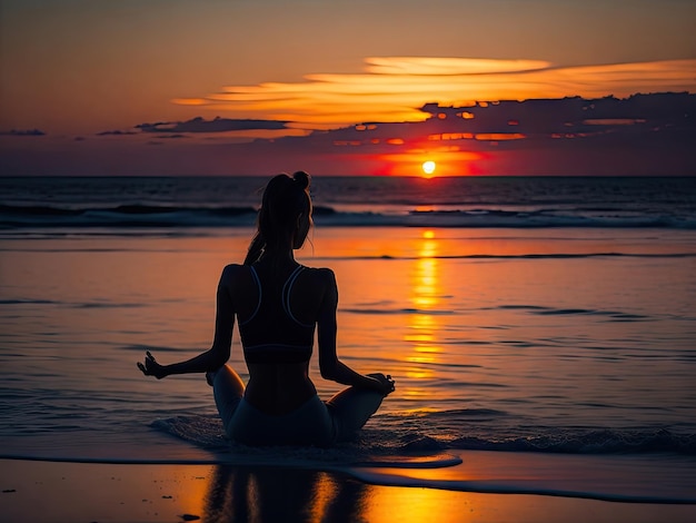 Woman back view practicing yoga at seashore at sunset ai generative