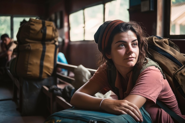 Woman backpacker is captured in the hostel with a selective focus emphasizing her facial expression and features Generative AI