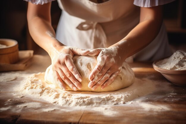 Woman baker's hands kneading dough for bread