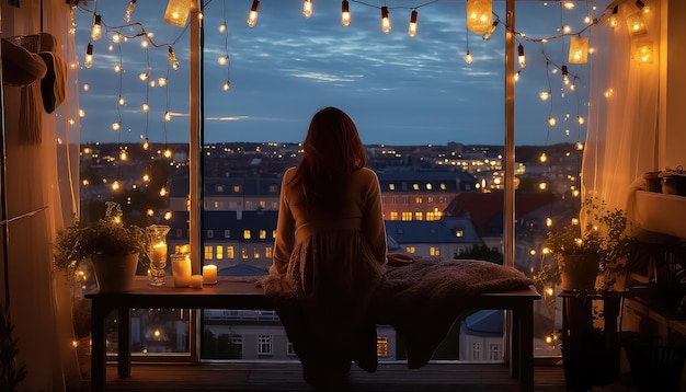 A woman on the balcony of her apartment at night