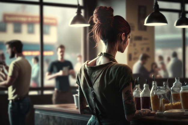 A woman barista working at the coffee shop Generative AI