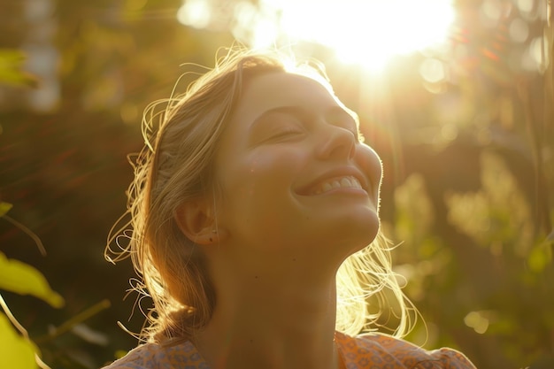 Woman basks in the golden glow of sunlight eyes closed in tranquility