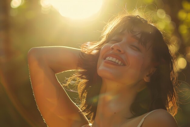 Woman basks in golden hour glow a contagious joy radiating in her sunkissed smile