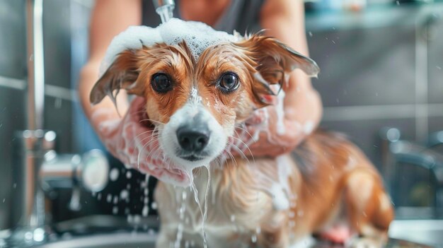 Photo a woman bathes a dog in the bathtub selective focus