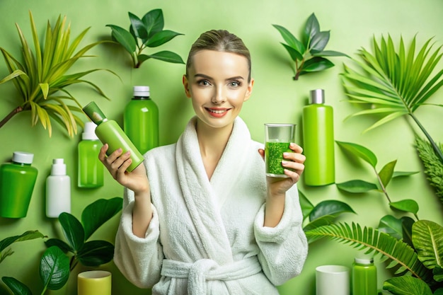 A woman in a bathrobe presents a green cosmetic tube amidst various greenthemed skincare products