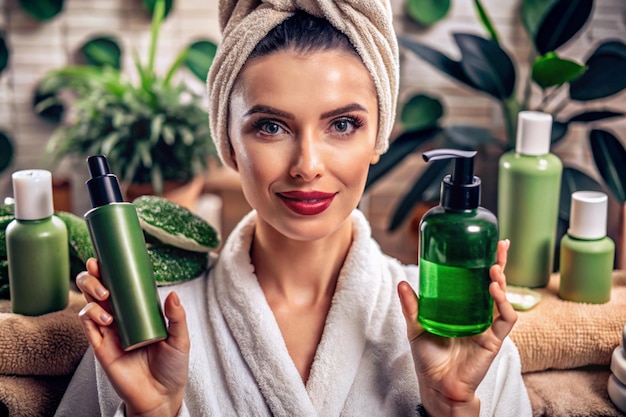 A woman in a bathrobe presents a green cosmetic tube amidst various greenthemed skincare products