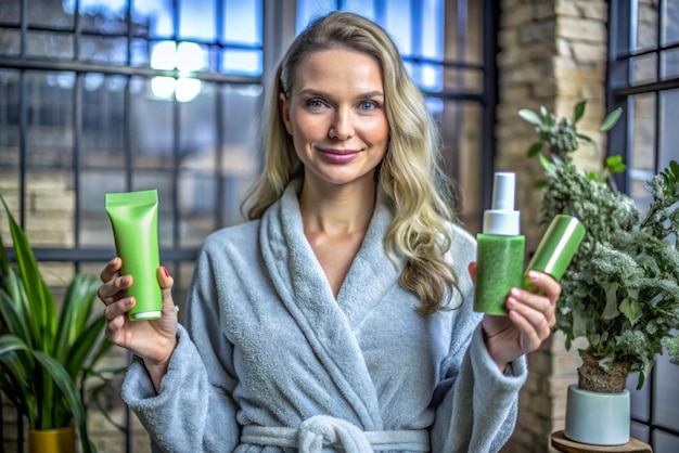 A woman in a bathrobe presents a green cosmetic tube amidst various greenthemed skincare products