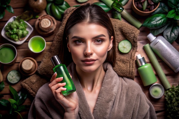 Photo a woman in a bathrobe presents a green cosmetic tube amidst various greenthemed skincare products