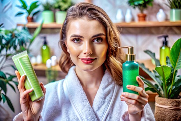 A woman in a bathrobe presents a green cosmetic tube amidst various greenthemed skincare products