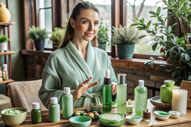 Photo a woman in a bathrobe presents a green cosmetic tube amidst various greenthemed skincare products