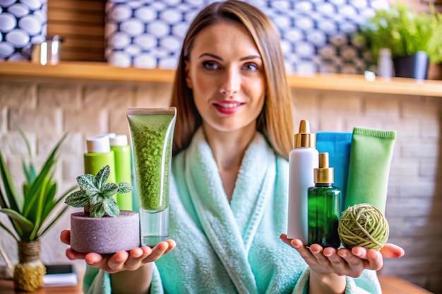 Photo a woman in a bathrobe presents a green cosmetic tube amidst various greenthemed skincare products