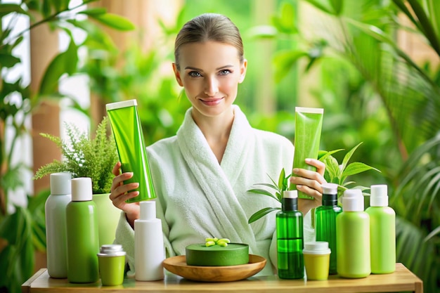 Photo a woman in a bathrobe presents a green cosmetic tube amidst various greenthemed skincare products