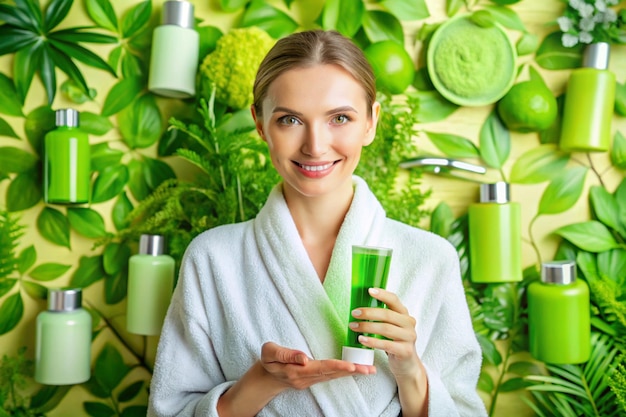 A woman in a bathrobe presents a green cosmetic tube amidst various greenthemed skincare products