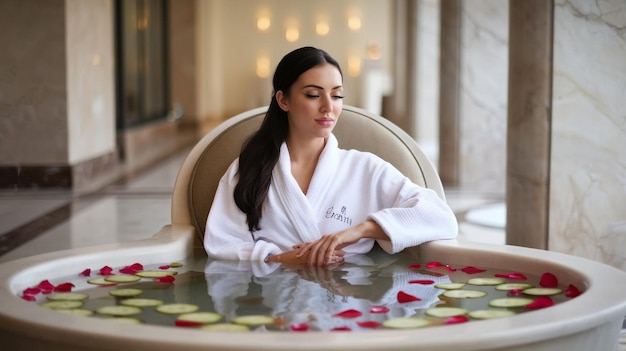 Photo a woman in a bathrobe sits in a chair with flowers on it