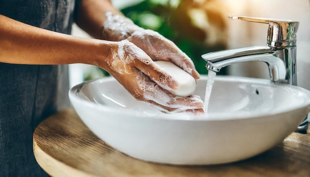 Photo woman in bathroom cleaning hands with soap portraying hygiene cleanliness and health