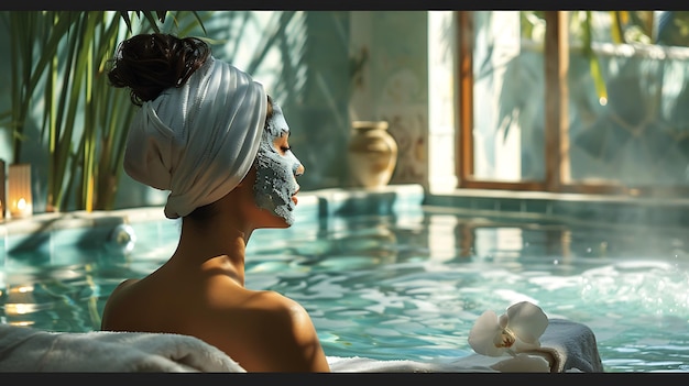 Photo a woman in a bathtub with a mask on her head and a body of water