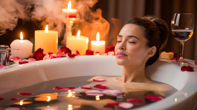 a woman in a bathtub with roses and candles