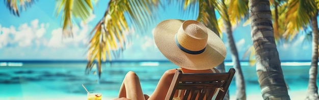 Photo woman on the beach on a deck chair she has a widebrimmed hat and sunglasses she is reading a book th