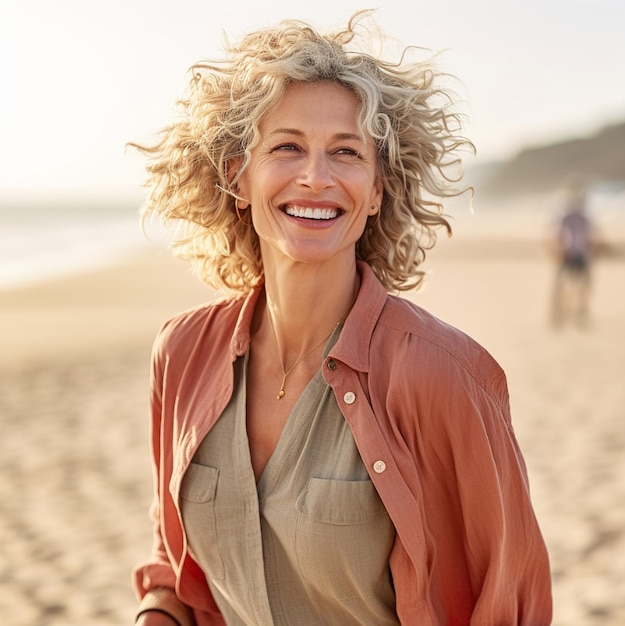 A woman on the beach smiles for the camera.