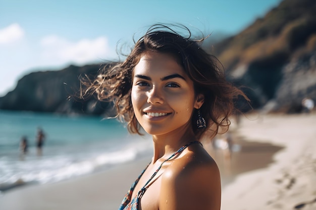 A woman on a beach wearing a blue swimsuit