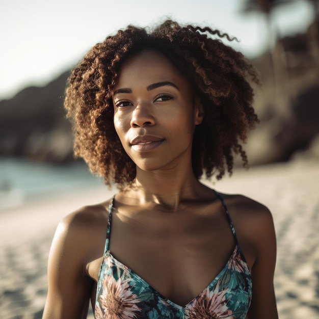 A woman on a beach wearing a floral top.