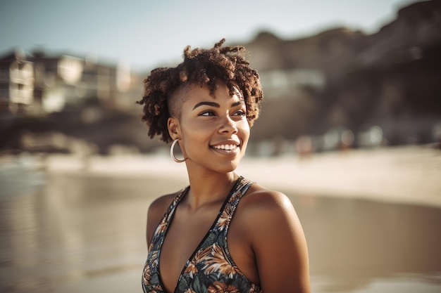 A woman on a beach wearing a swimsuit and a tank top smiles at the camera.